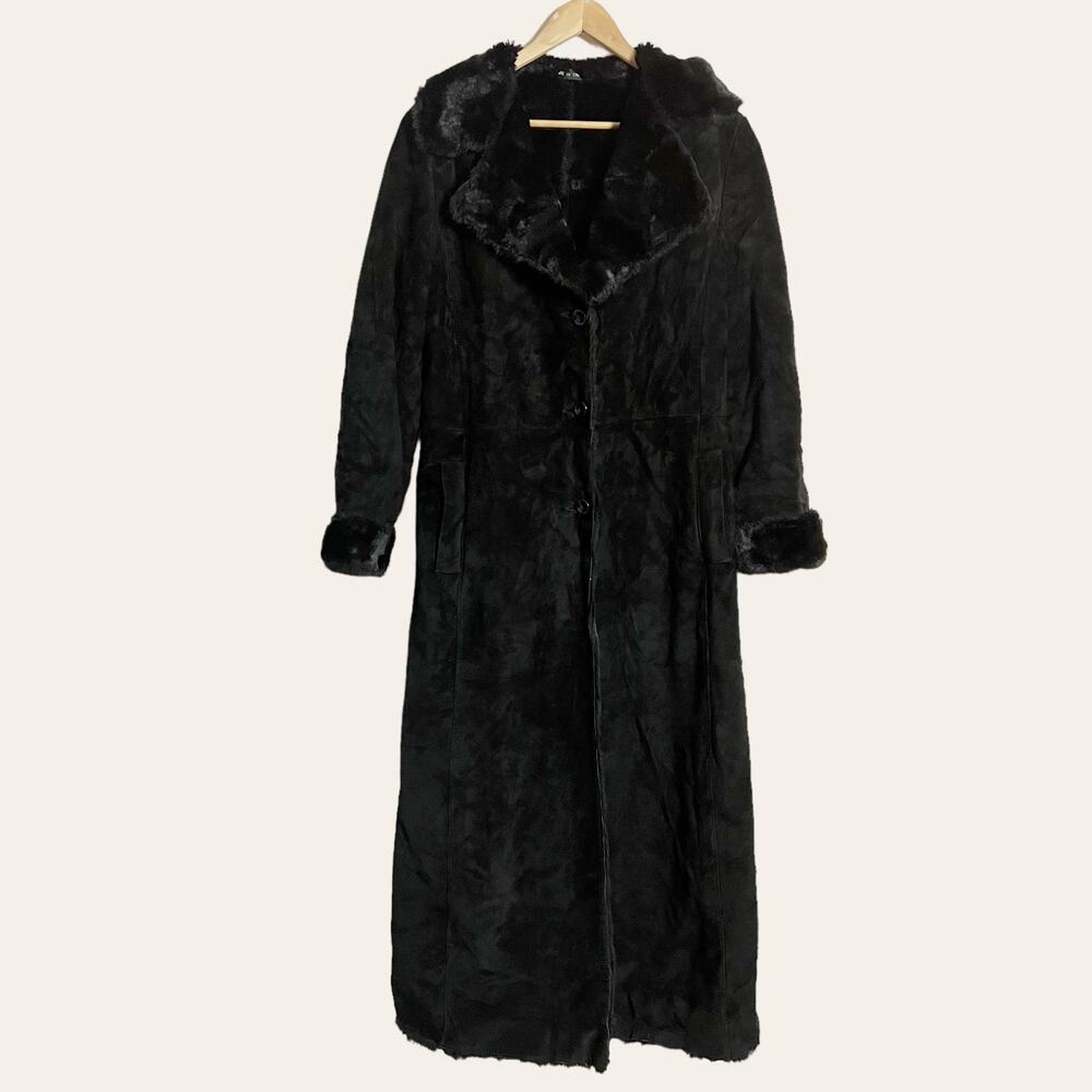 Vintage Marvin Richards Suede Leather Faux Black Long Shearling Coat Size M